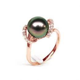 Bague Marion - Perle Tahiti paon aubergine - Or rose, diaman