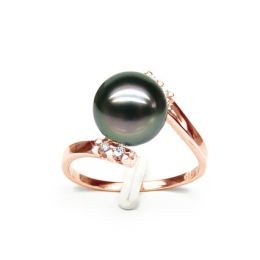 Bague solitaire ondulée - Perle de Tahiti - Or rose, diamant
