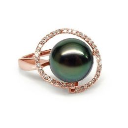 Bague diadème diamanté - Perle de Tahiti verte - Or rose, di