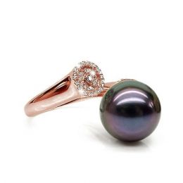 Bague perle de Tahiti verte aubergine - Or rose, diamants mi