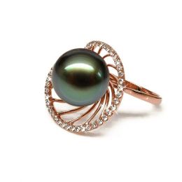 Bague or rose de forme elliptique - Perle de Tahiti, diamant