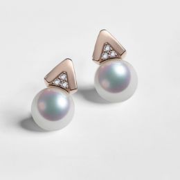 Boucles oreilles triangulaires. Perles Akoya Japon, Or rose,