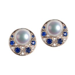 Boucles Oreilles Mikadzuki I Perle Akoya Saphir. Croissant d