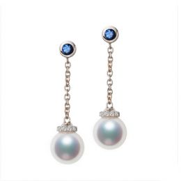 Boucles Pendantes Perles Akoya. Or rose, saphirs et diamants