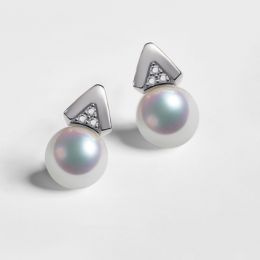 Boucles oreilles triangulaires. Perles Akoya Japon, Or blanc, Diamants