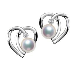 Boucles Coeur contemporain Or blanc. Perles Akoya, Diamants. 