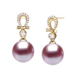 Boucles Bambouletta. Perle lavande 9/9.5 mm, Diamants, Or ja