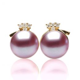 Boucles Chapeau Demoiselle. Perle lavande 9/9.5 mm, Diamants