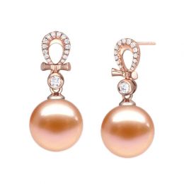 Boucles Bambouletta. Perle rose 9/9.5 mm, Diamants, Or rose