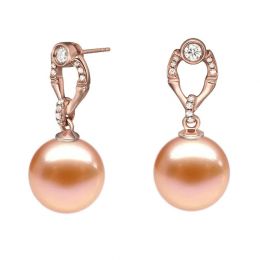 Boucles Otatea. Perle rose 9/9.5 mm, Diamants, Or rose