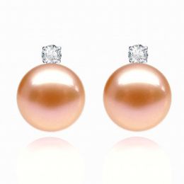 Boucles Castelli. Perle rose 9/9.5 mm, Diamants, Or blanc