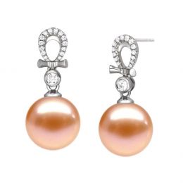 Boucles Bambouletta. Perle rose 9/9.5 mm, Diamants, Or blanc
