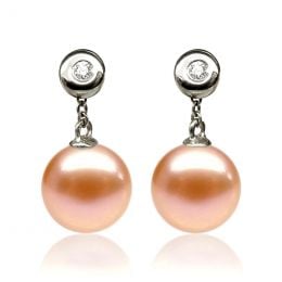 Boucles Albrizzi. Perle rose 9/9.5 mm, Diamants, Or blanc