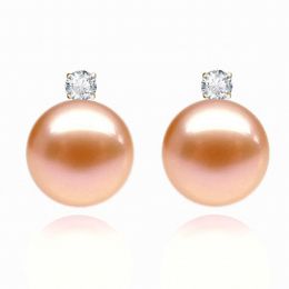 Boucles Castelli. Perle rose 9/9.5 mm, Diamants, Or jaune