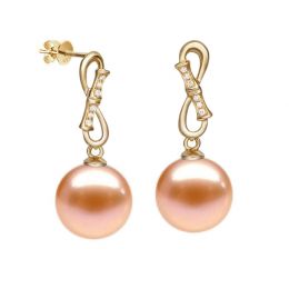Boucles Bamboo. Perle rose 9/9.5 mm, Diamants, Or jaune