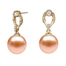 Boucles Otatea. Perle rose 9/9.5 mm, Diamants, Or jaune