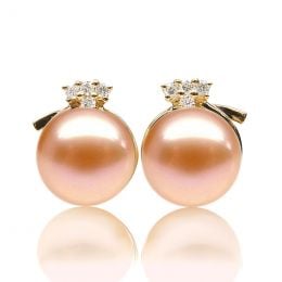 Boucles Chapeau Demoiselle. Perle rose 9/9.5 mm, Diamants, O