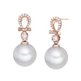 Boucles Bambouletta. Perle blanche 9/9.5 mm, Diamants, Or ro