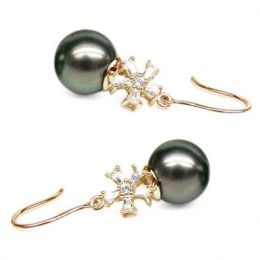 Boucles d'oreilles perles Tahiti - Création florale - Or jaune, diamants