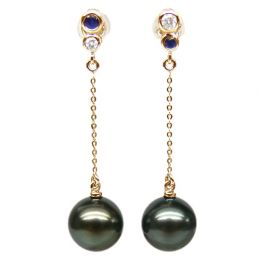 Boucles d'oreilles en or - Perles de Tahiti - Or jaune, diamants, saphirs