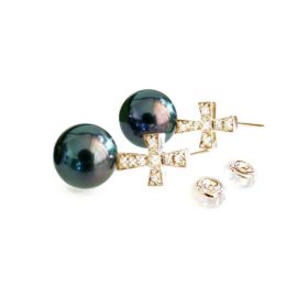 Boucles d'oreilles croix - Perles de culture - Tahiti - Or jaune - Diamants