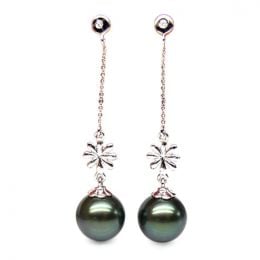 Boucles oreilles fleurs naturelles - Chainettes or blanc - Perles Tahiti