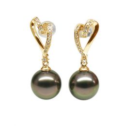 Boucles oreilles coeurs - Perles de Tahiti paons aubergines - Or jaune