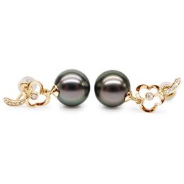 Boucles oreilles fleurs - Pendants perles de Tahiti - Or jaune, diamants