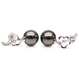 Boucles oreilles fleurs - Pendants perles de Tahiti - Or blanc, diamants