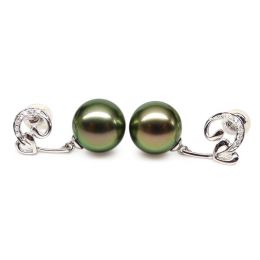 Boucles oreilles coeur - Pendants or blanc - Perles de Tahiti - Diamants