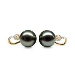 Boucles oreilles - Pendants perles Tahiti noires - Or jaune, diamants