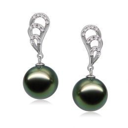 Boucles oreilles plumes de paon - Pendants or blanc - Perles Tahiti