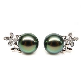 Boucles oreilles perles Tahiti motifs floraux - Or blanc, diamants