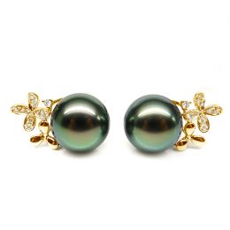 Boucles oreilles perles Tahiti motifs floraux - Or jaune, diamants