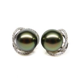 Boucles elliptiques en or blanc - Perles Tahiti, Couronnes diamants