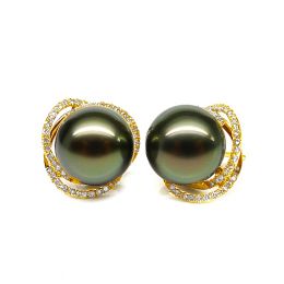 Boucles elliptiques en or jaune - Perles Tahiti, Couronnes diamants
