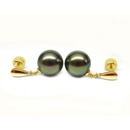 Boucles d'oreilles goutte - Joaillerie perles de Tahiti - Or jaune, Diamants