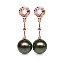 Boucles oreilles - Perles de Tahiti noires - Or rose, diaman