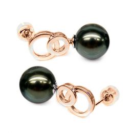 Boucles oreilles anneaux - Perles de Tahiti noires - Or rose
