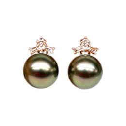 Boucles oreilles perles Tahiti - Or rose - Diamants ronds, é