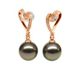 Boucles oreilles coeurs - Perles de Tahiti paons aubergines 