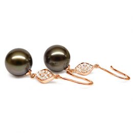 Boucles oreilles - Crochets perles de Tahiti -  Or rose, dia