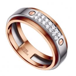 Bague pour homme métal or rose brossé et blanc poli. Diamants