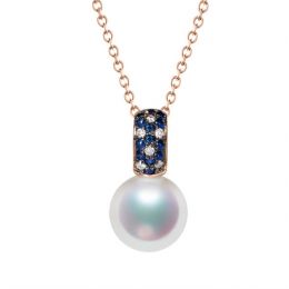 Pendentif Kino, Perle Akoya Japon. Or rose, diamants et saph