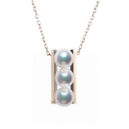 Pendentif 3 perles Akoya et or rose. Disposition rail. Takan