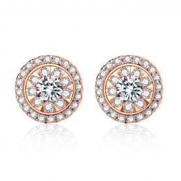 Boucles Oreilles Puces Pavées. Diamants 0.80ct fleurs. Or ro