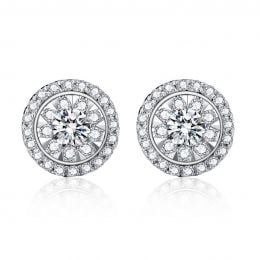 Boucles Oreilles Puces Pavées. Diamants 0.80ct fleurs. Or bl