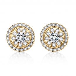 Boucles Oreilles Puces Pavées. Diamants 0.80ct fleurs. Or ja