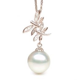 Pendentif libellules - Perle d'Australie blanche - Or rose, 