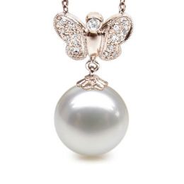 Pendentif papillon or rose - Perle d'Australie blanche - Dia